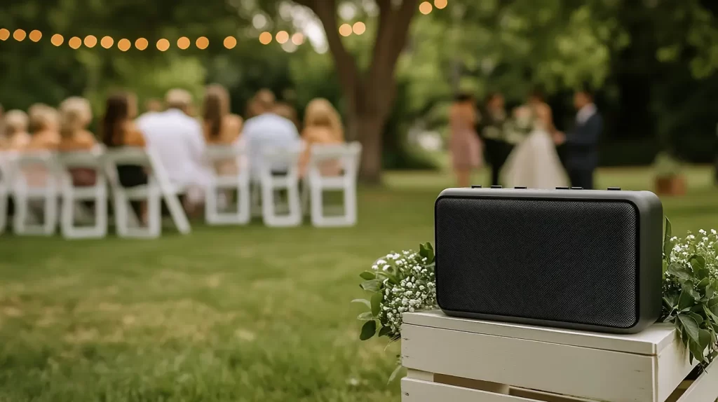 Bluetooth speaker set off to the side at an outdoor wedding event