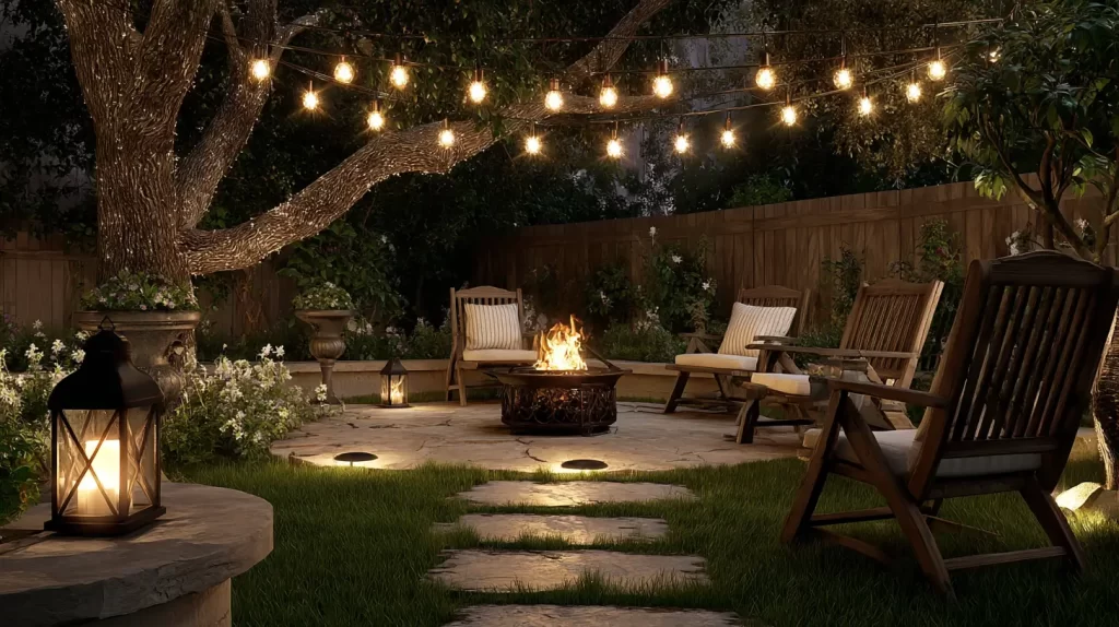 backyard lighting and a fire pit area