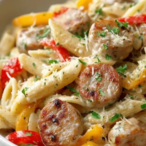 chicken sausage pasta in a white bowl