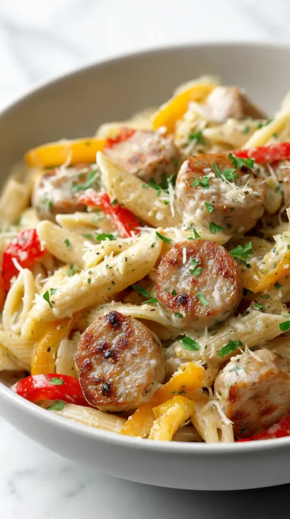 chicken sausage pasta in a white bowl