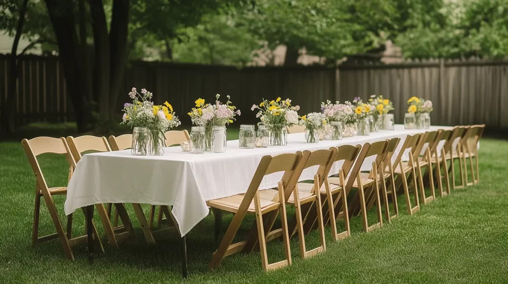 long table with wooden chairs and mason jar centerpieces