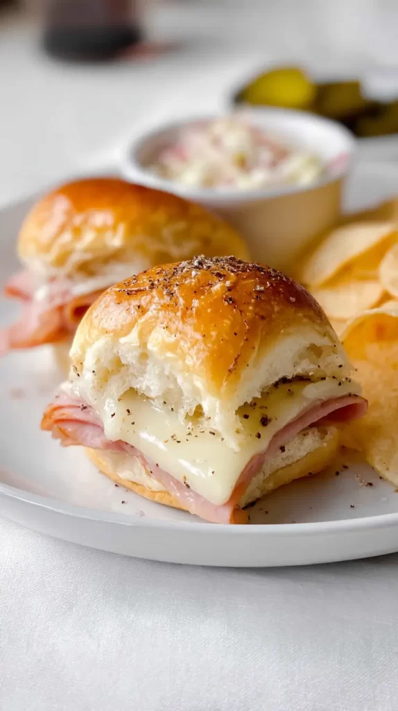 ham and cheese sliders with coleslaw and pickles and chips on the side