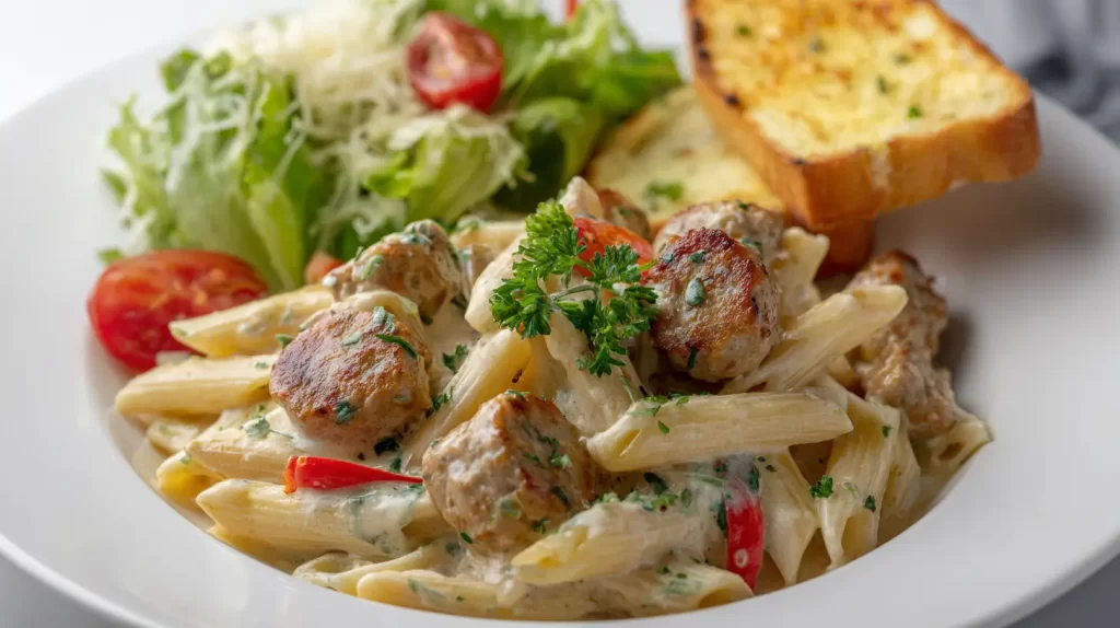 creamy chicken sausage pasta with a side salad and garlic bread