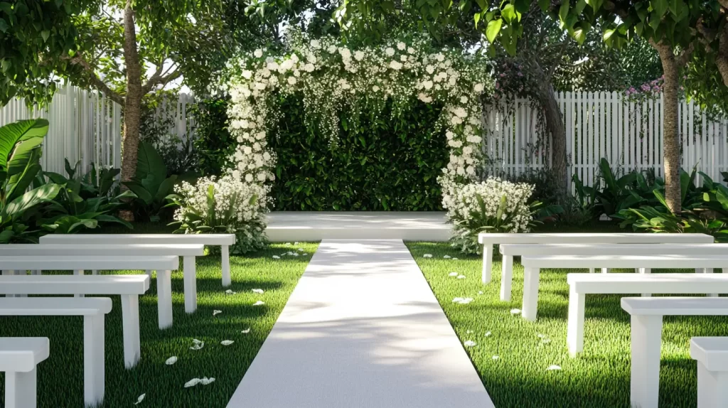 backyard wedding aisle with chairs and floral archway