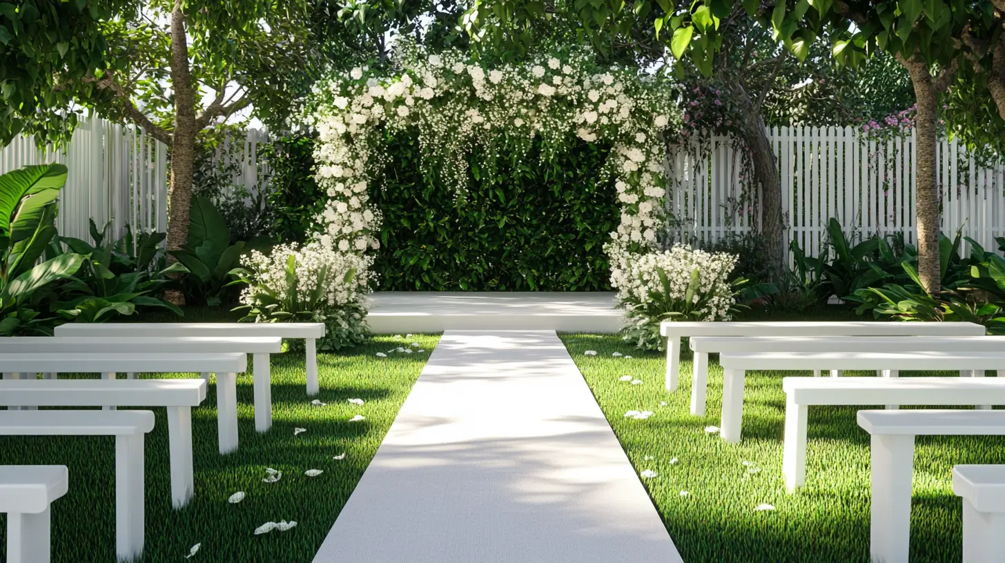 backyard wedding aisle with chairs and floral archway