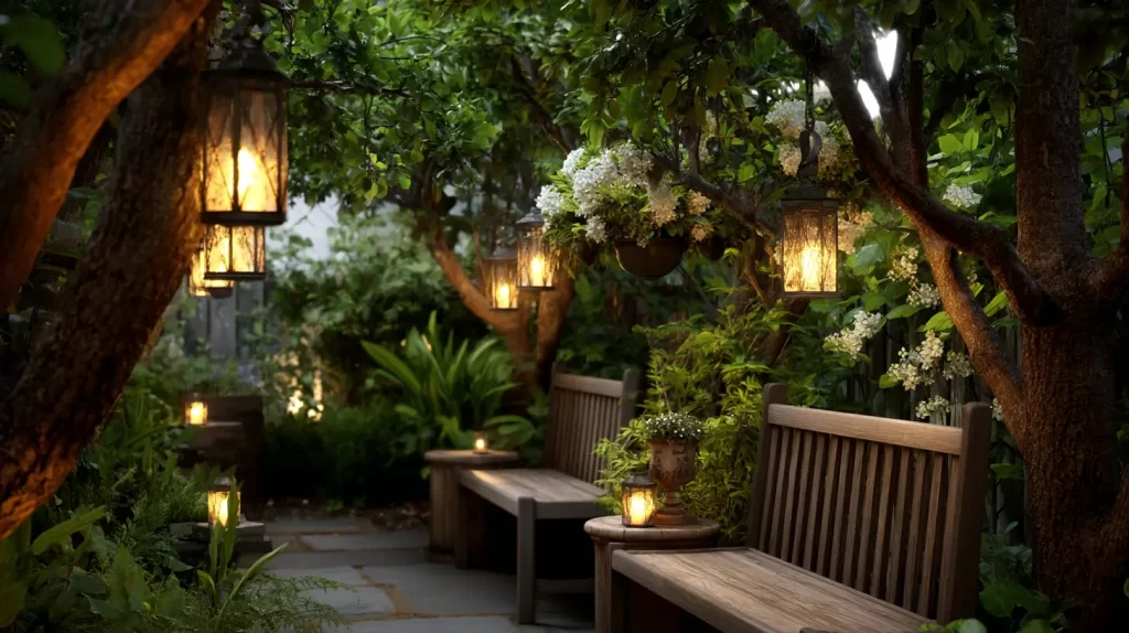 lanterns outside near a wooden bench with surrounding greenery