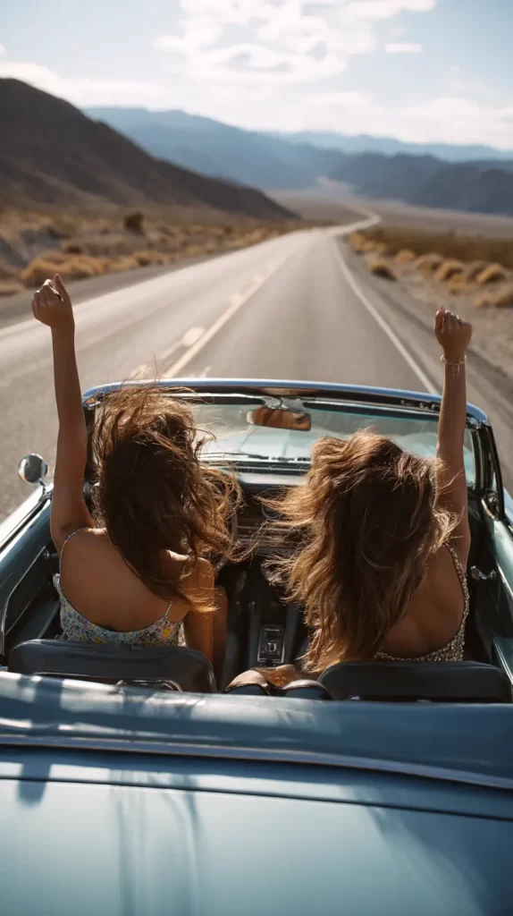 road trip two girls in a convertible