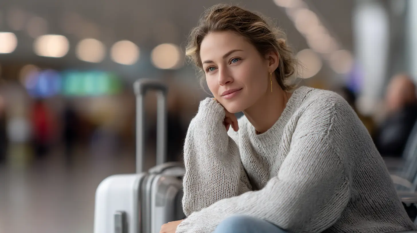 woman sitting at the airport with a suitcase