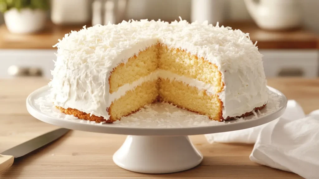 coconut cake with slice missing, on a cake stand