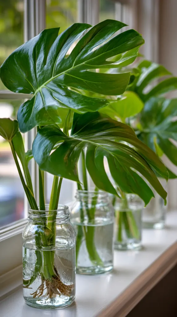 monstera plants near the window in clear jars