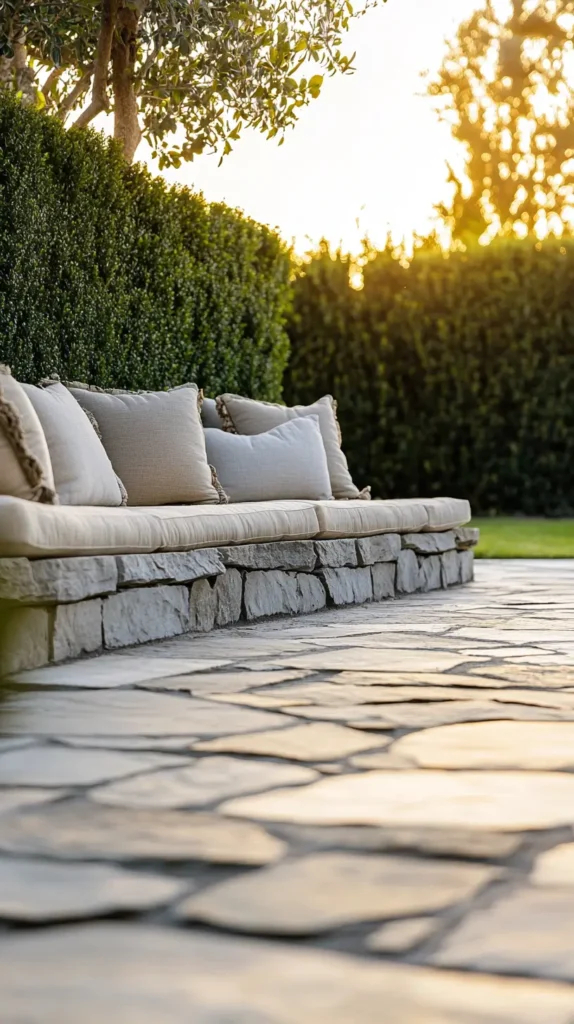 flagstone patio with stone bench and pillows outdoors