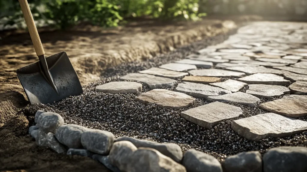 shovel and stones and gravel outside