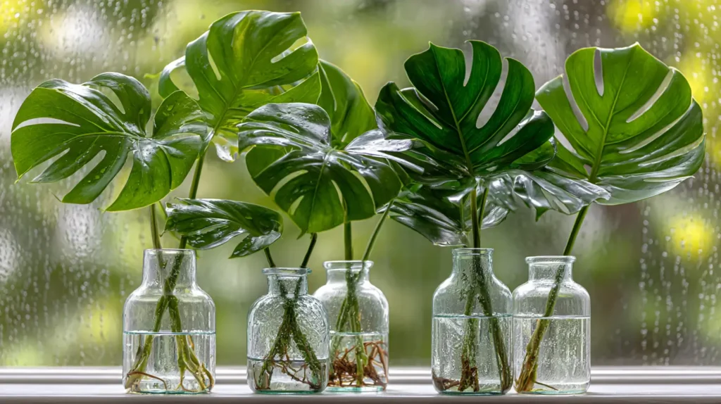 monstera plants in jars on the windowsill