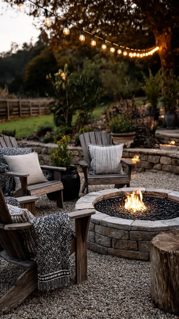 outdoor area, string lights, chairs