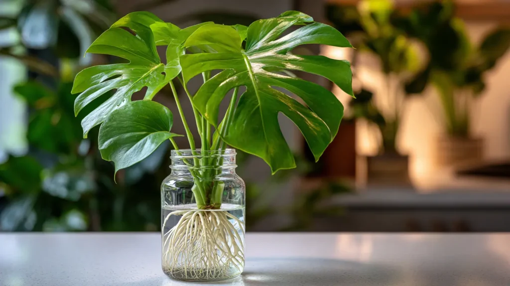Monstera plant in a clear vase with visible roots