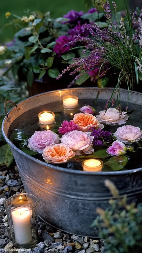 tin bucket with floating flowers and candles