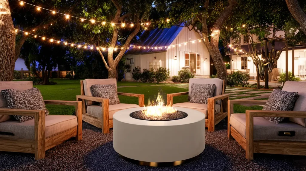 string lights, seating, fire pit