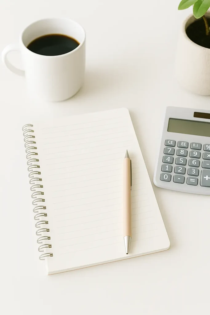 note pad and calculator and coffee