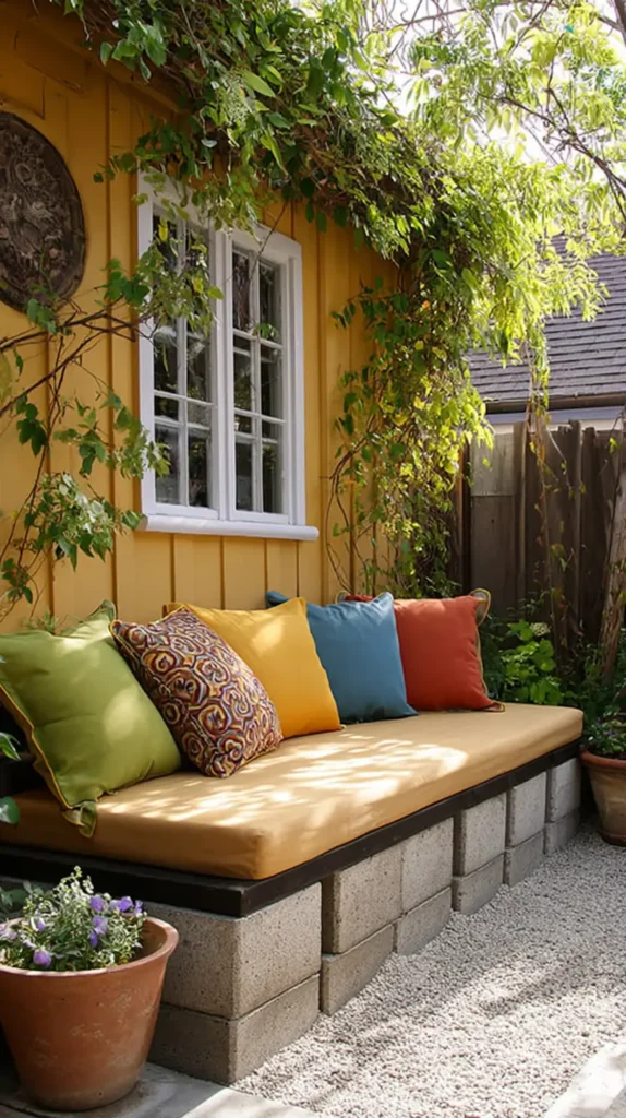cinderblock bench with cushions and pillows
