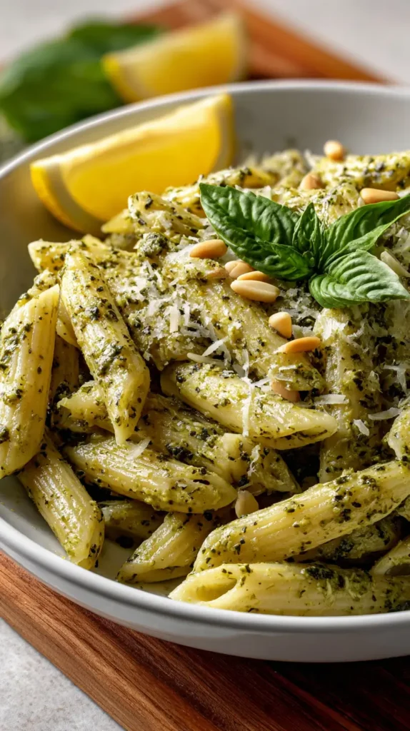 Pesto pasta with pine nuts and lemon