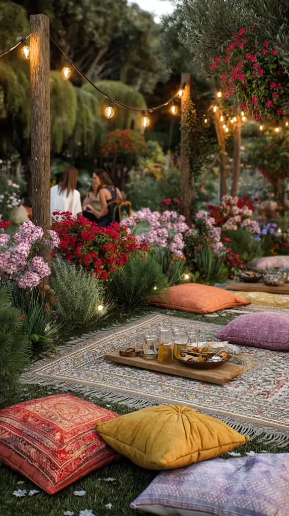 rugs and pillows on the ground outside
