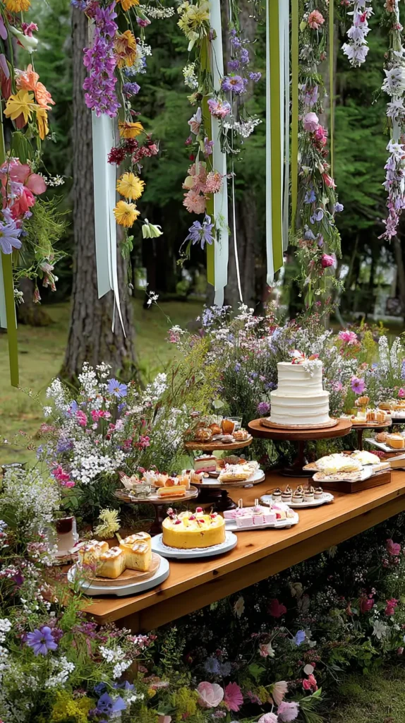 flowers hanging from ribbons over a table