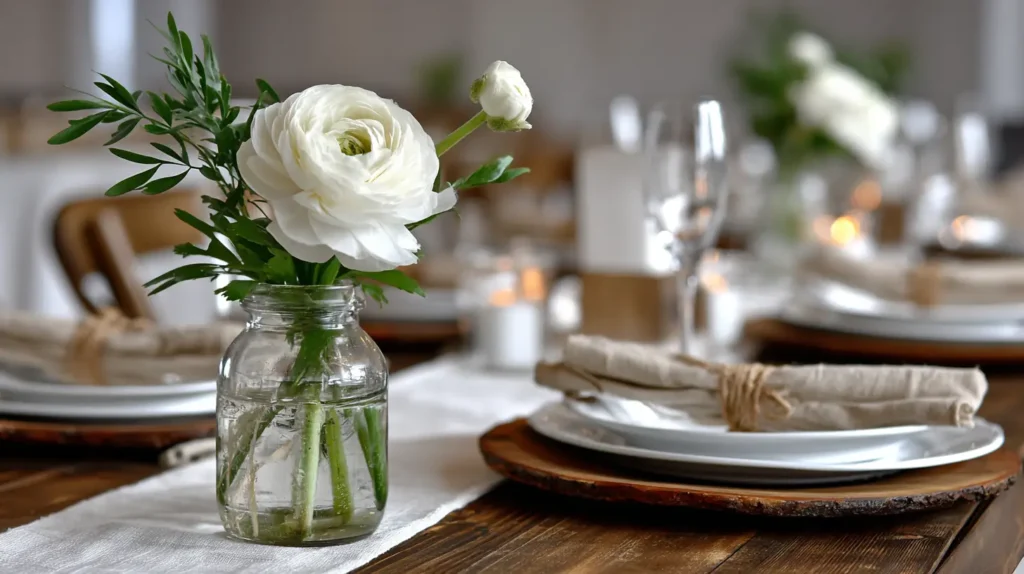 hyper-realistic photo of a minimalist wedding table centerpiece featuring one clear glass bud vase holding a single white flower, such as a ranunculus or rose, with a small sprig of greenery. Vase is centered on a plain white or natural wood table with no runner or clutter. Around it are simple white dinner plates and neutral linen napkins. No candles, no extra decor. Background is softly blurred and neutral-toned to keep the focus on the centerpiece. Crisp, bright, white lighting, image needs a high bright exposure