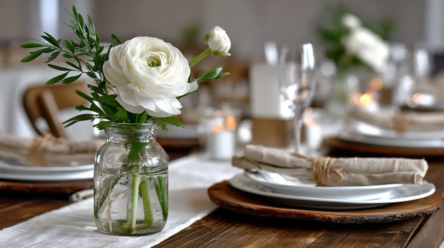 hyper-realistic photo of a minimalist wedding table centerpiece featuring one clear glass bud vase holding a single white flower, such as a ranunculus or rose, with a small sprig of greenery. Vase is centered on a plain white or natural wood table with no runner or clutter. Around it are simple white dinner plates and neutral linen napkins. No candles, no extra decor. Background is softly blurred and neutral-toned to keep the focus on the centerpiece. Crisp, bright, white lighting, image needs a high bright exposure