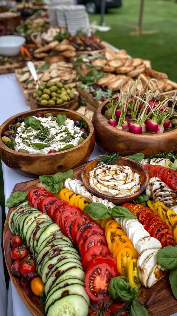 grazing table ideas wedding reception, veggies, cheese, dip
