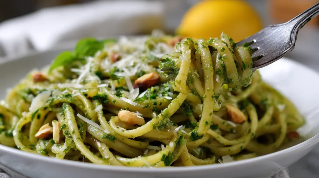 pesto pasta twirling on a fork