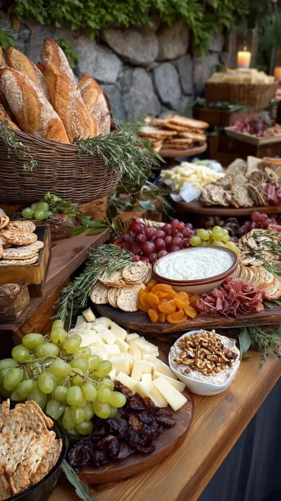 grapes, bread, cheeses