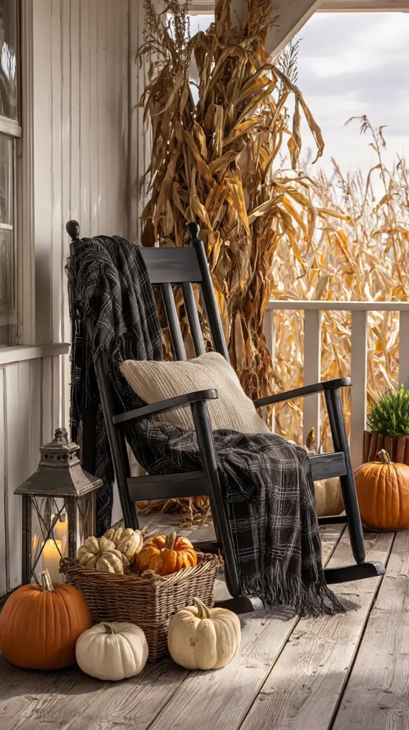 rocking chair with blanket and pumpkins