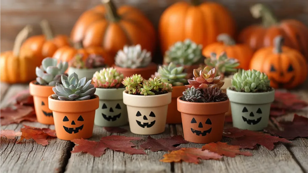 hyper-realistic photo of small hand-painted terracotta pots in shades of warm orange, creamy ivory, and muted sage green, some with simple jack-o’-lantern faces in matte black, others plain for a rustic look, filled with tiny succulents and autumn flowers, placed on a wooden table scattered with deep orange and burgundy leaves, fall pumpkins in the background, crisp, bright, white lighting; image needs a high bright exposure, no shadows