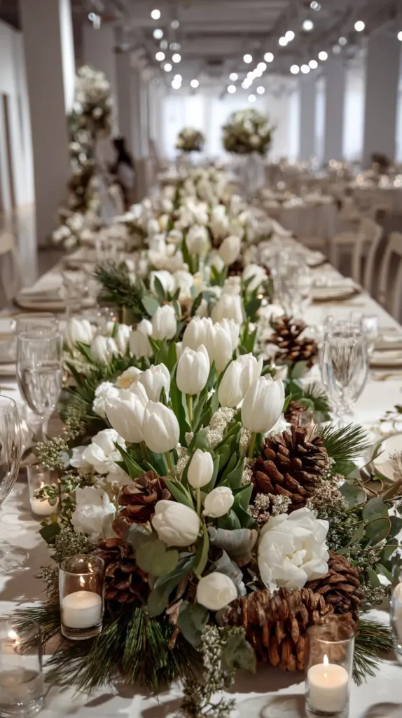 pine cones and white tulips centerpiece