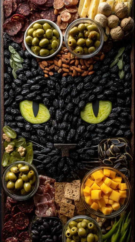 black cat charcuterie, halloween grazing table