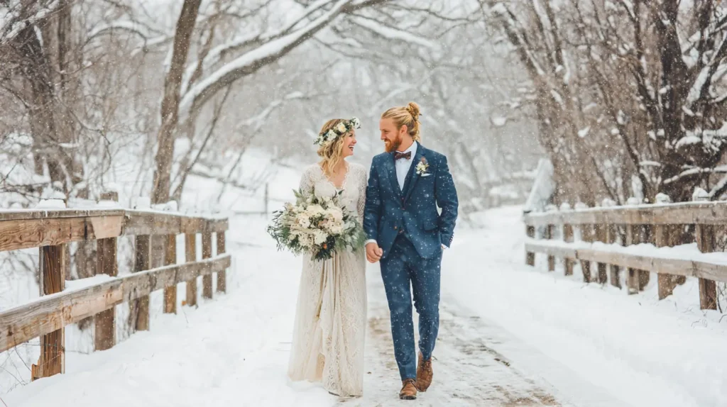 bride and groom outside in the snow