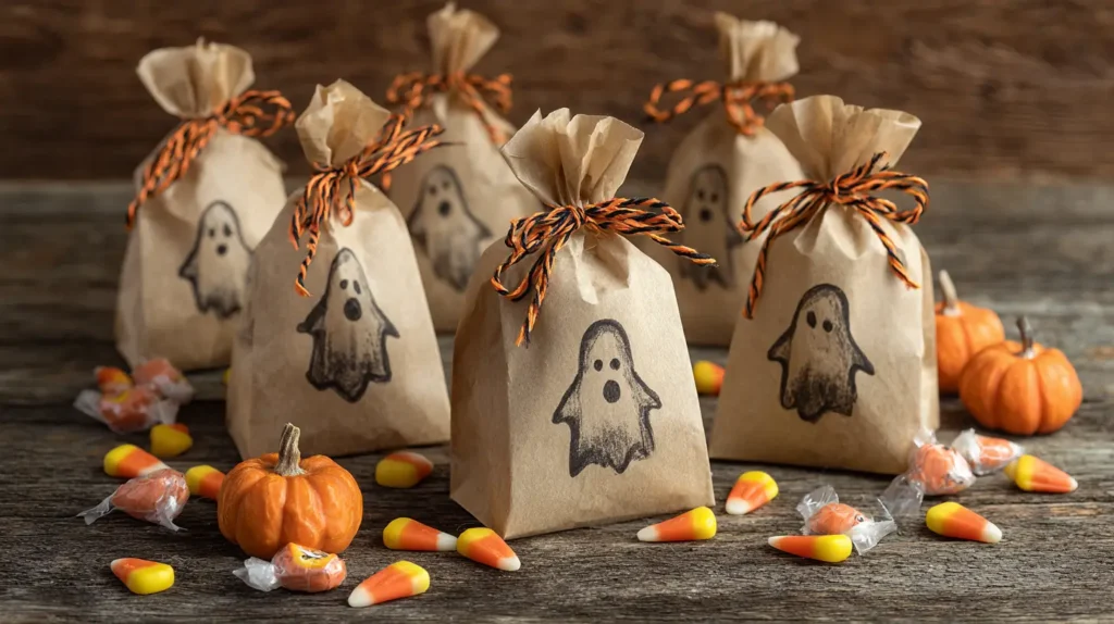 hyper-realistic photo of small kraft paper treat bags decorated with black stenciled ghosts and pumpkins, each tied with orange and black twine, filled with wrapped candies and tiny toys peeking out, arranged on a rustic wood surface with scattered candy corn and miniature gourds around, warm fall seasonal background, crisp, bright, white lighting; image needs a high bright exposure, no shadows