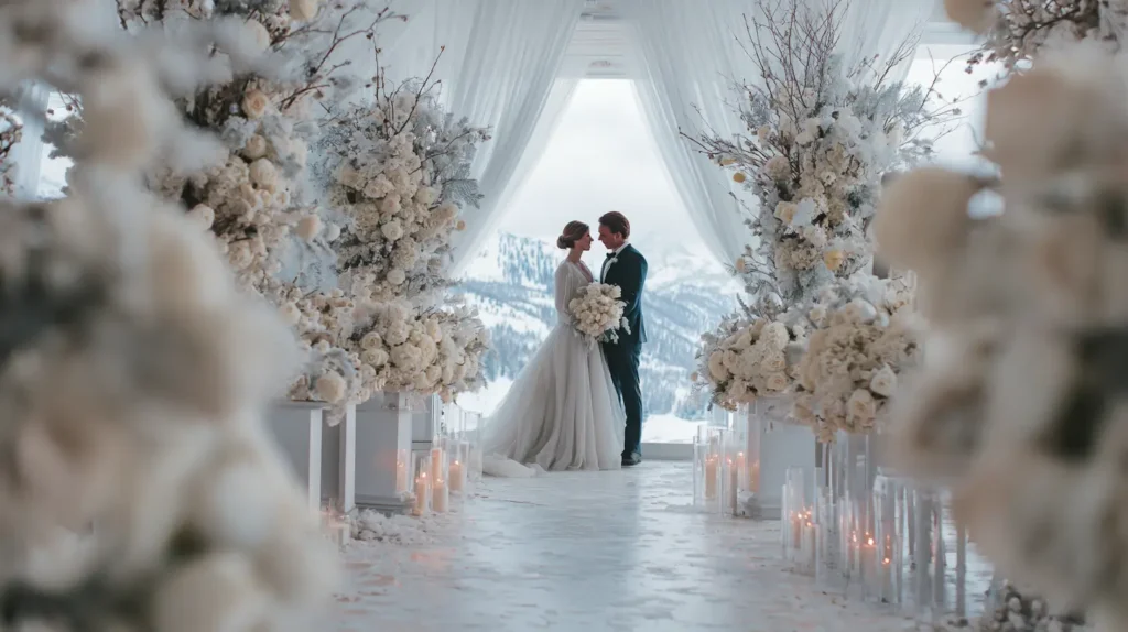 bride and groom at a winter wedding