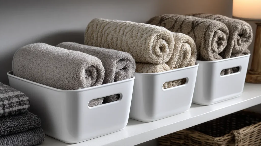 white bins holding rolled hand towels
