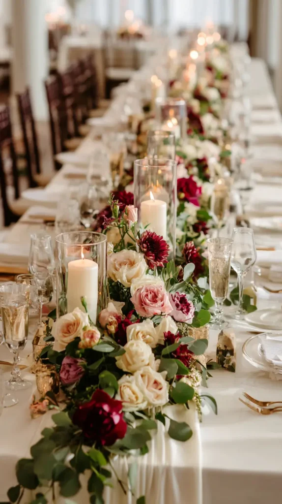 fall wedding flowers down the center of the table with candles
