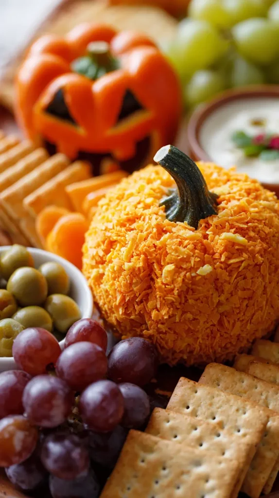 pumpkin cheese ball, Halloween grazing table