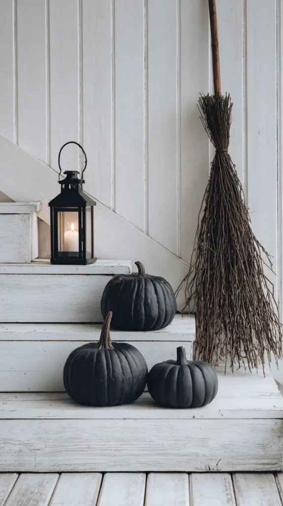 black pumpkins, lantern, broom, white stairs