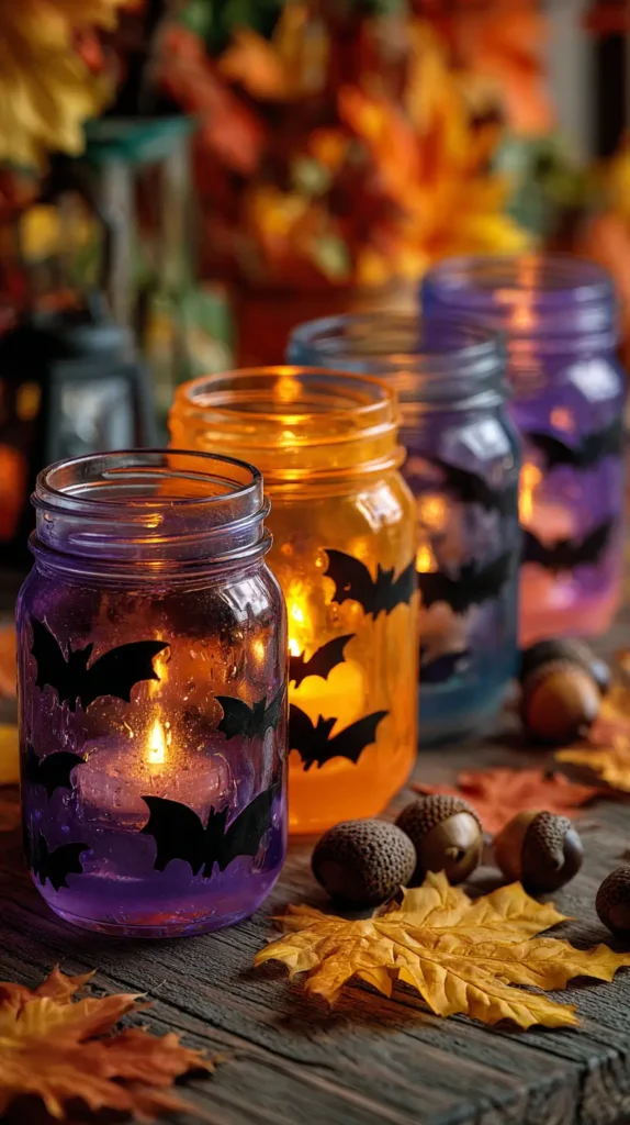 hyper-realistic photo of clear mason jars painted inside with translucent shades of orange, purple, and black, each with black bat or witch silhouettes on the outside, glowing softly from battery-operated tea lights, arranged in a row on a wooden table surrounded by autumn leaves and acorns, warm fall seasonal background, crisp, bright, white lighting; image needs a high bright exposure, no shadows
