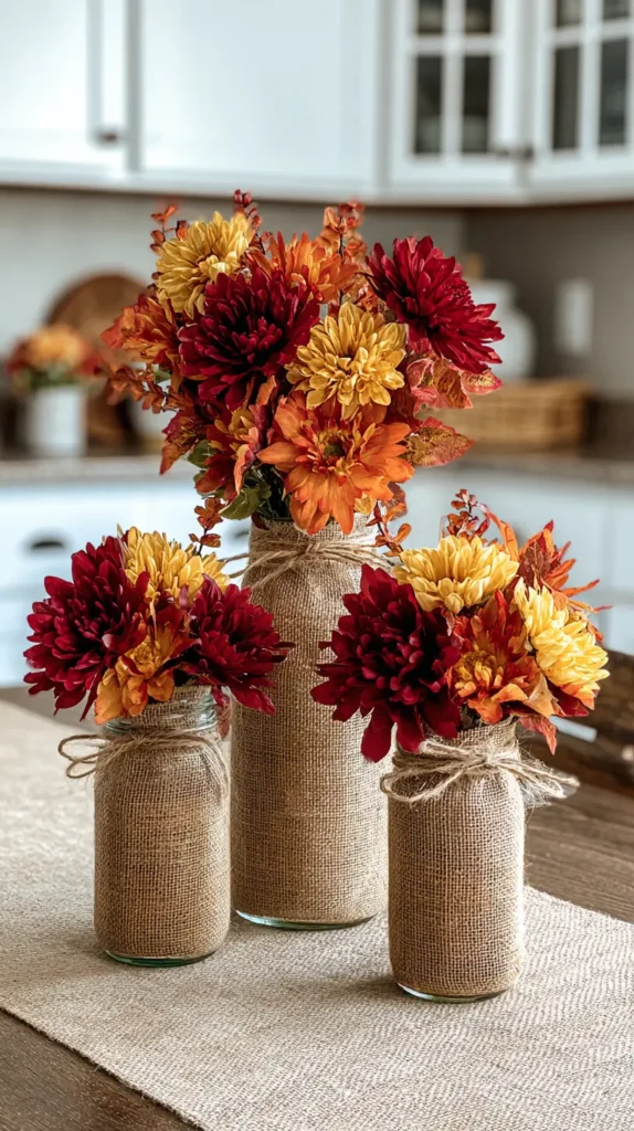 burlap wrapped vases with fall flowers