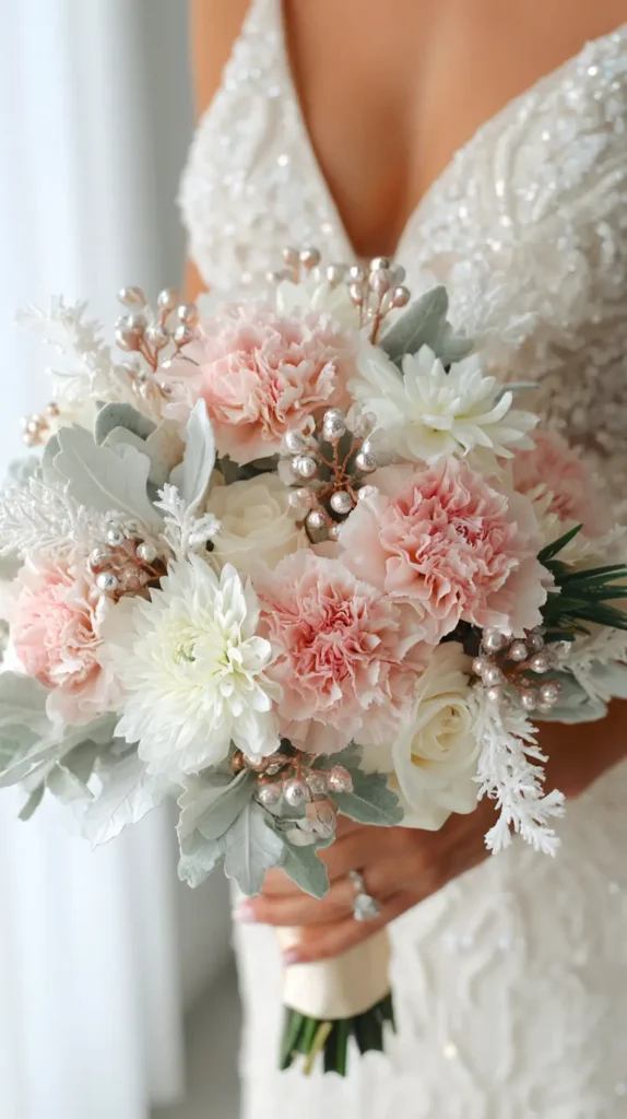 winter wedding pastel flowers held by bride
