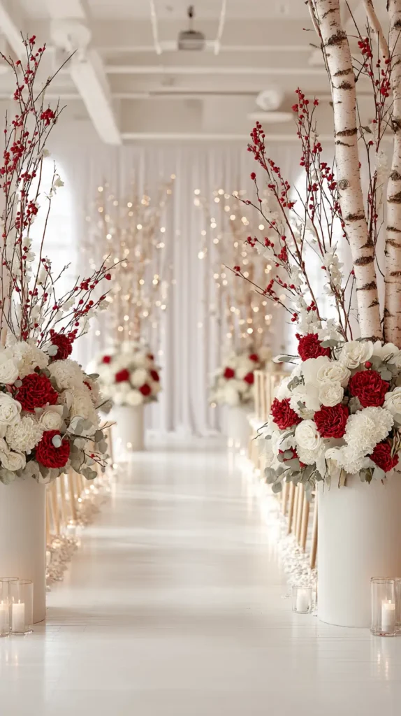 winter wedding aisle flowers branches