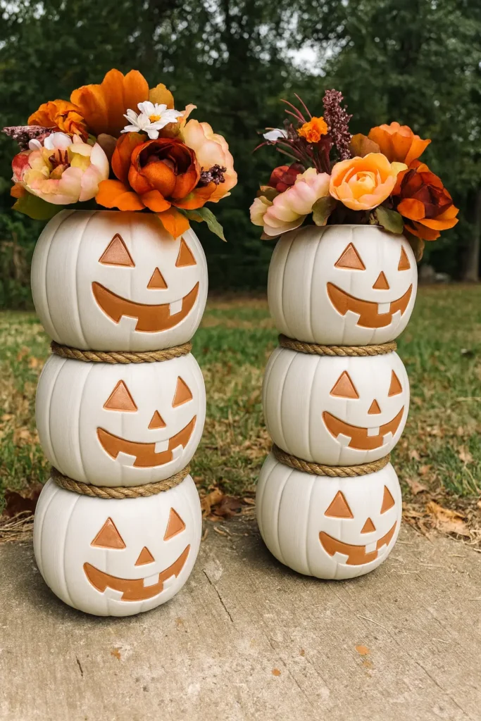 outdoor pumpkins stacked with fall flowers on top 