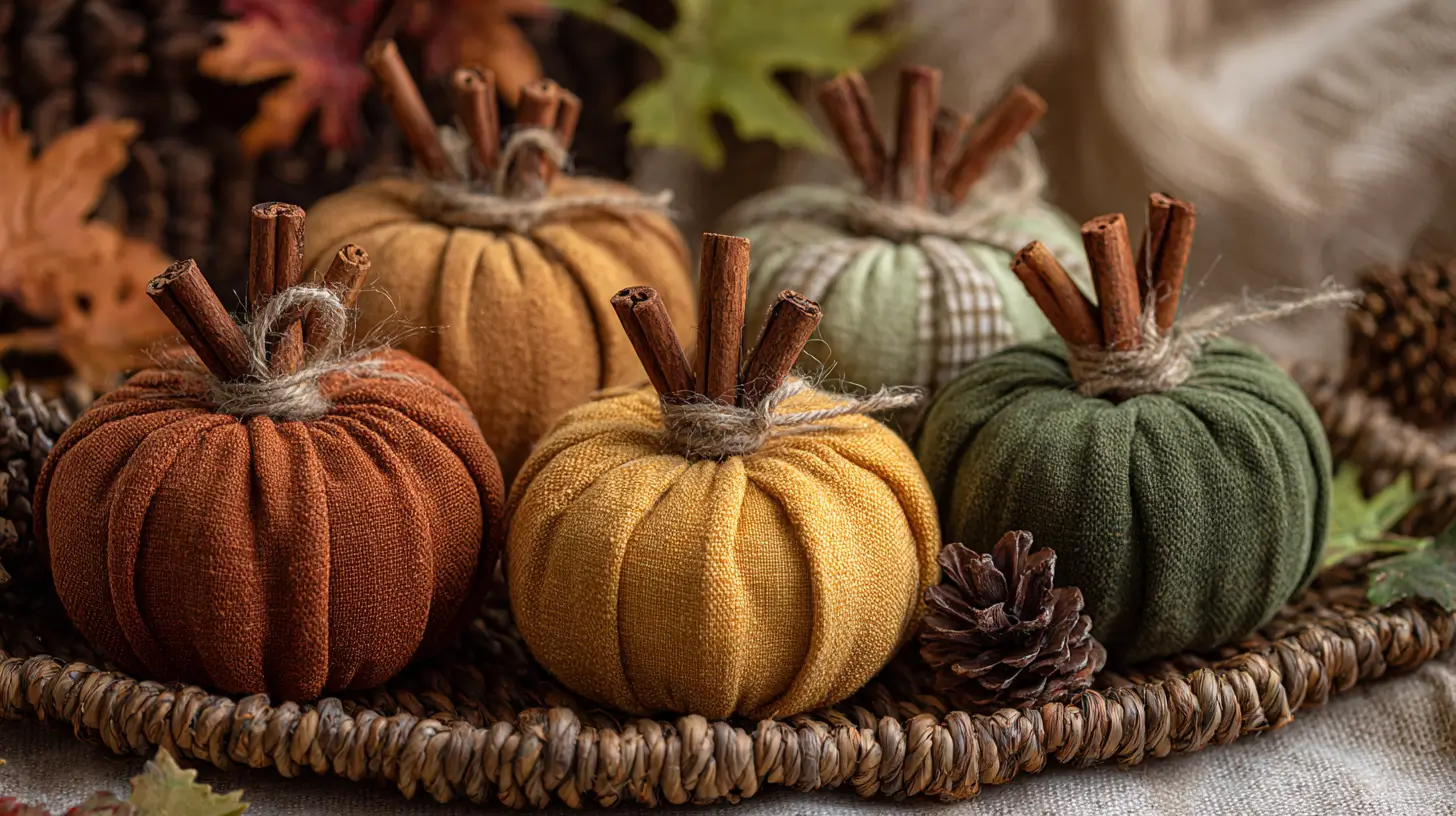 hyper-realistic photo of handmade fabric pumpkins in velvet, burlap, and flannel textures, in shades of burnt orange, mustard yellow, and deep green, each with cinnamon stick stems wrapped in twine, arranged in a woven basket with small pinecones and fall leaves, cozy autumn background, crisp, bright, white lighting; image needs a high bright exposure, no shadows