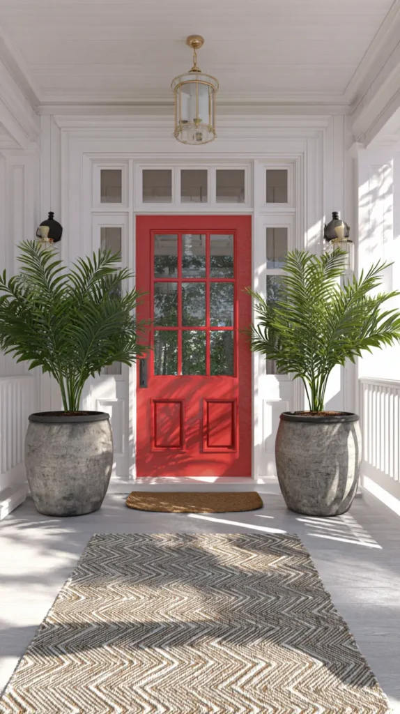 red door with two large plants surrounding the entrance