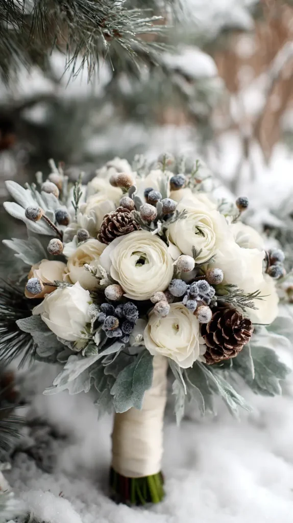 flowers wrapped with ribbon placed outside in the snow upright